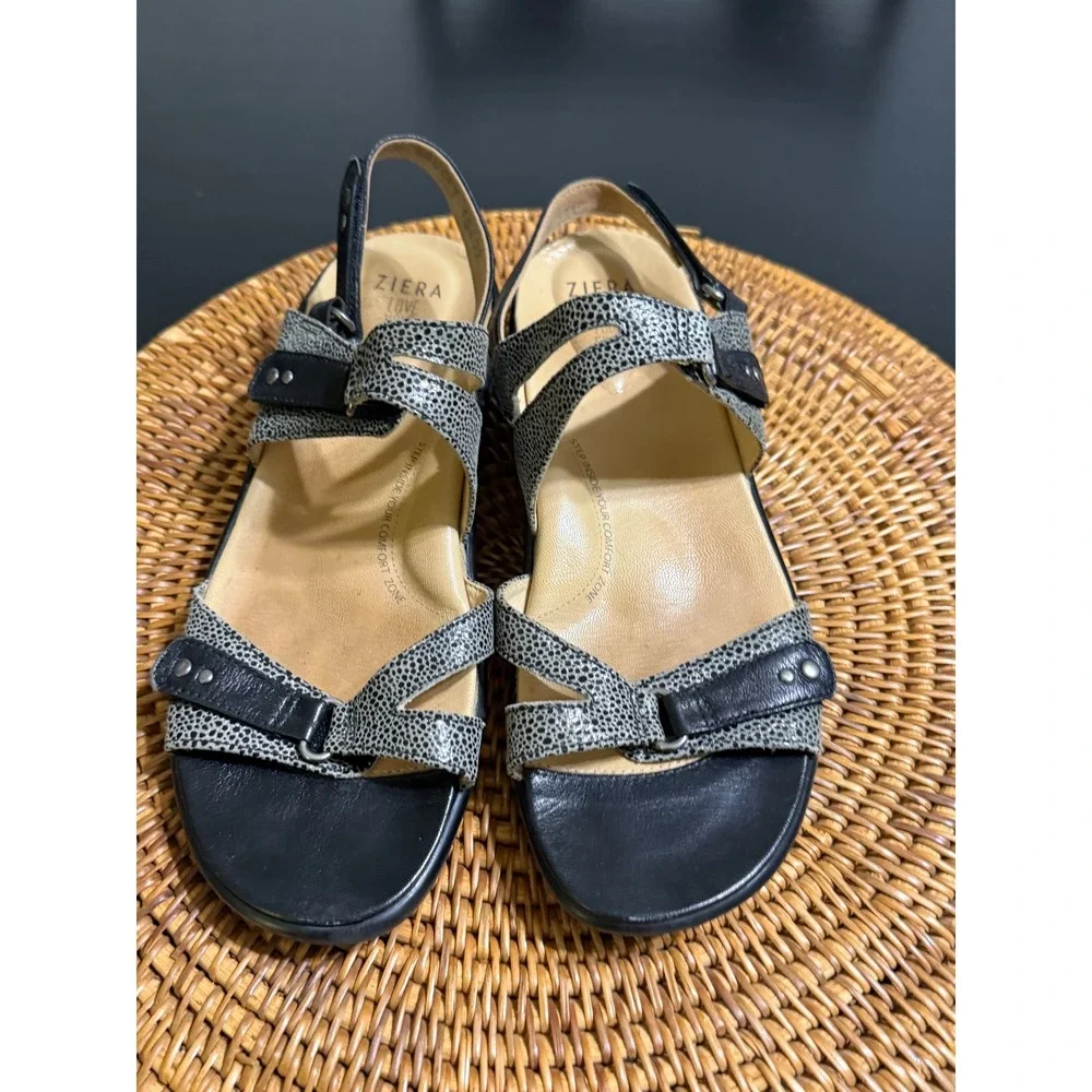 Ziera Bruce Black Grey Animal Print Comfort Slingback Wedge Sandals Womens 40 M